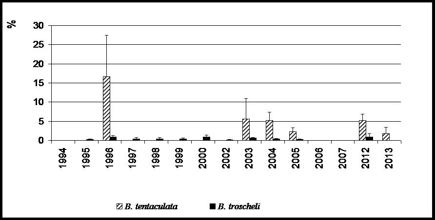 Многолетняя динамика зараженности моллюсков сем. Вithyniidae трематодами сем. Notocotylidae в бассейне оз. Чаны, 1994–2013 гг.